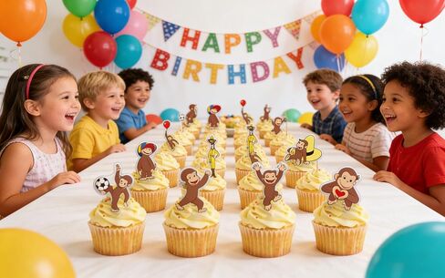 24PCS Curious Monkey Cupcake Toppers, Cartoon Party Decorations, Theme Celebrations Party Supplies for George Lovers (12 Designs, 2 Each) in Kuwait