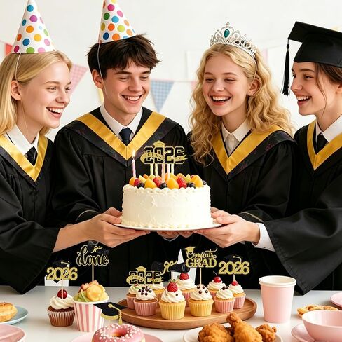 اختيارات تزيين كب كيك التخرج لعام 2026 - 48 قطعة من اختيارات الكيك اللامعة الذهبية المُجمَّعة مسبقًا، ودبلومات وقبعة التخرج، لوازم حفلات ديكور لهدايا زينة التخرج in Kuwait