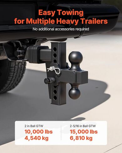 VEVOR Adjustable Trailer Hitch, Fit 2 Inch Receiver, Trailer Hitch Mount with 2 Inch & 2-5/16 Inch Balls, 15000 lbs GTW, 6 Inch Drop, Towing Ball Mounts for RVs, Off-Road Vehicles and Trucks, Black in Kuwait