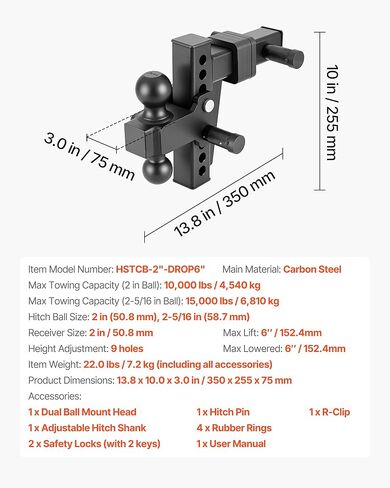 VEVOR Adjustable Trailer Hitch, Fit 2 Inch Receiver, Trailer Hitch Mount with 2 Inch & 2-5/16 Inch Balls, 15000 lbs GTW, 6 Inch Drop, Towing Ball Mounts for RVs, Off-Road Vehicles and Trucks, Black in Kuwait