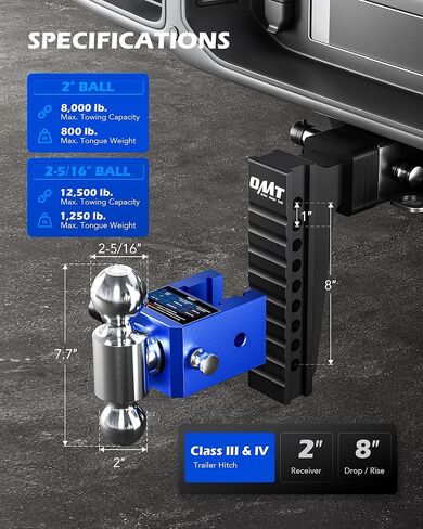 Orion Motor Tech Adjustable Trailer Hitch, Heavy Duty 2.5 inch Receiver Hitch, 6" Drop Hitch with 2" & 2-5/16" Balls, 360° Dual-Ball Mount with 18500lb Towing Capacity for Class IV & V, Blue in Kuwait