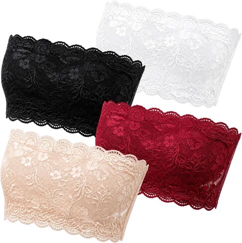 Lace Bandeau, Modesty Inserts for Low Cut Dresses, Cleavage Cover Up for Low Neckline, Lace Insert for Low Cut Dress, Nylon Fabric, 4-Pack Set for Layering Under Sheer Clothing Red in Kuwait