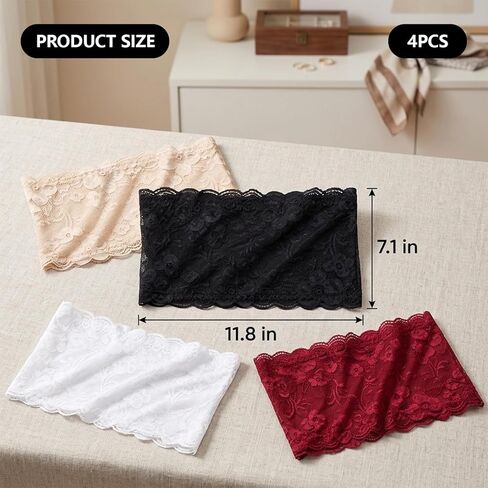 Lace Bandeau, Modesty Inserts for Low Cut Dresses, Cleavage Cover Up for Low Neckline, Lace Insert for Low Cut Dress, Nylon Fabric, 4-Pack Set for Layering Under Sheer Clothing Red in Kuwait