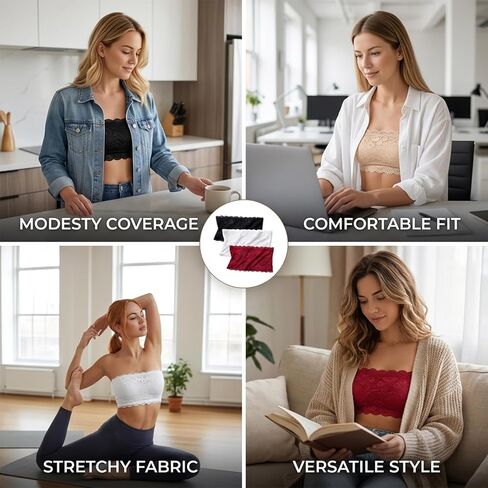 Lace Bandeau, Modesty Inserts for Low Cut Dresses, Cleavage Cover Up for Low Neckline, Lace Insert for Low Cut Dress, Nylon Fabric, 4-Pack Set for Layering Under Sheer Clothing Red in Kuwait