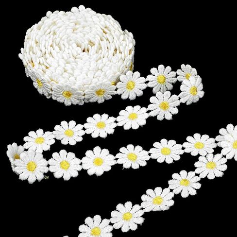 5 Yards Daisy Lace Trim Ribbon Daisy Embroidered Ribbon Roll Flower Lace Trim Sewing Accessories for Dress Hair Band Wedding Party Decor Bouquet Packaging DIY Craft Projects (White) in Kuwait
