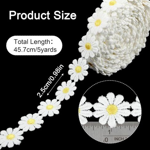 5 Yards Daisy Lace Trim Ribbon Daisy Embroidered Ribbon Roll Flower Lace Trim Sewing Accessories for Dress Hair Band Wedding Party Decor Bouquet Packaging DIY Craft Projects (White) in Kuwait