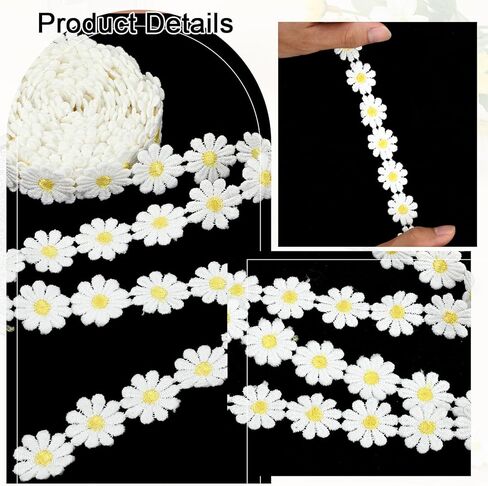 5 Yards Daisy Lace Trim Ribbon Daisy Embroidered Ribbon Roll Flower Lace Trim Sewing Accessories for Dress Hair Band Wedding Party Decor Bouquet Packaging DIY Craft Projects (White) in Kuwait