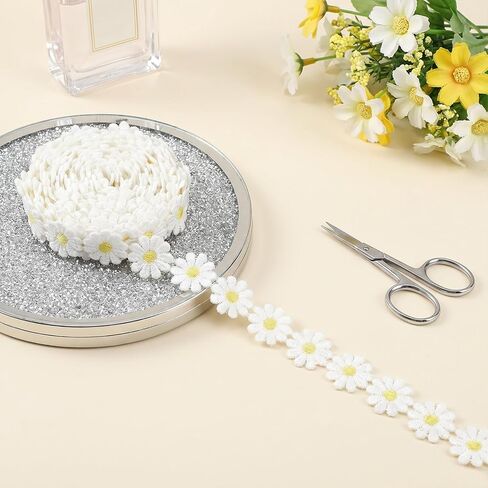 5 Yards Daisy Lace Trim Ribbon Daisy Embroidered Ribbon Roll Flower Lace Trim Sewing Accessories for Dress Hair Band Wedding Party Decor Bouquet Packaging DIY Craft Projects (White) in Kuwait