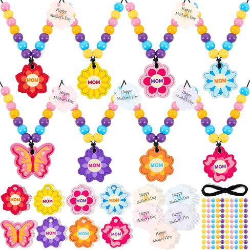 Eternity sky 32 Sets Mothers Day Beads Crafts Kit - Bulk DIY Wooden & Flower Butterfly Beaded Necklace Making for Gifts, 8 Styles in Kuwait