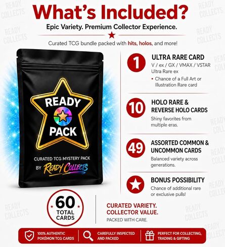 Ready Pack - 60 Pokémon Compatible Cards - 1 Ultra Rare Guaranteed - 10 Holo Rare & Reverse Holo Cards Bundle in Kuwait