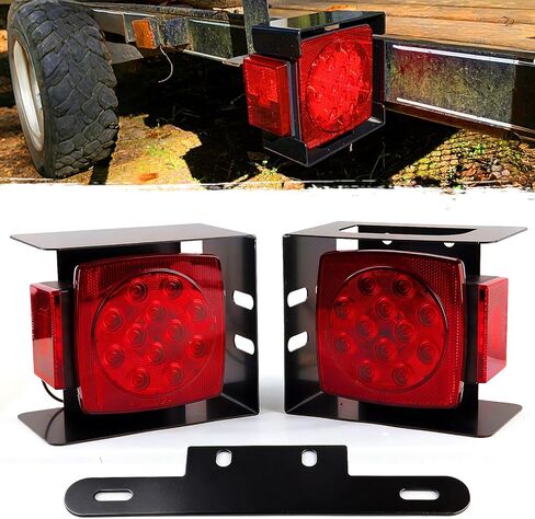 Konrali 12V Submersible Square Led Trailer Lights Red LED Stop Turn Tail License Brake Running Lamps w/Steel Mounting Boxes and License Plate Bracket Guard Cover for Under 80" Trailer Boat Truck IP68 in Kuwait
