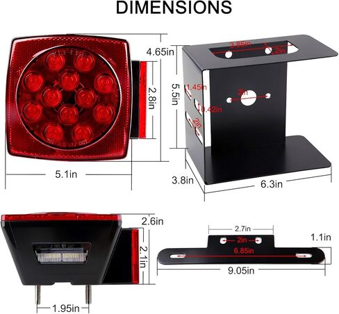 Konrali 12V Submersible Square Led Trailer Lights Red LED Stop Turn Tail License Brake Running Lamps w/Steel Mounting Boxes and License Plate Bracket Guard Cover for Under 80" Trailer Boat Truck IP68 in Kuwait