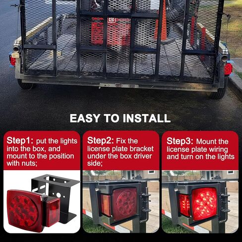 Konrali 12V Submersible Square Led Trailer Lights Red LED Stop Turn Tail License Brake Running Lamps w/Steel Mounting Boxes and License Plate Bracket Guard Cover for Under 80" Trailer Boat Truck IP68 in Kuwait