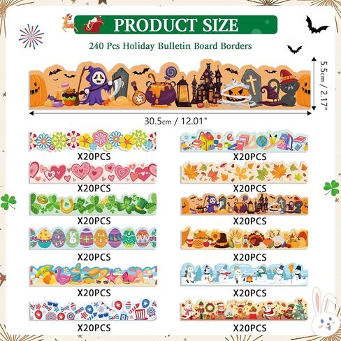 240 Pcs Holiday Bulletin Board Borders Colorful Bulletin Board Decorations Spring Flower Valentine's Day Easter Fall Pumpkin Christmas Seasonal Classroom Border Trim for School Wall Door Decor in Kuwait