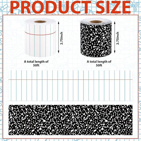 100 Ft Composition Notebook Bulletin Board Borders Black and White Straight Border Trim Rolled Composition Classroom Bulletin Board Decorations for Back to School Office Chalkboard Wall Decor in Kuwait
