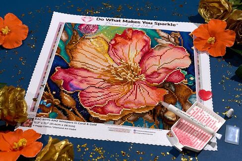 مجموعة طلاء ألماس مرجاني وذهبي من DIAMOND ART CLUB، حرف يدوية ممتعة للبالغين، قماش فني ماسي مربع، 12.3 بوصة × 11.1 بوصة (31.4 سم × 28.1 سم) in Kuwait
