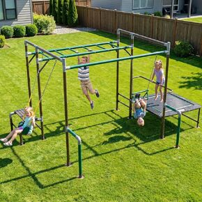 Hapfan Outdoor Jungle Gym with Trampoline & Monkey Bars – Heavy Duty Metal Swing Set for Kids, Backyard Playset Includes Belt Swing & Trapeze Bar, Ages 3-12 in Kuwait