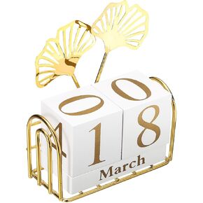 PATIKIL Wooden Perpetual Block Calendar, Golden Decorative Daily Display with Movable Blocks Modern Farmhouse Office Coffee Table Decor for Parties Holiday Wedding, Cut-out Fan-shaped Leaf in Kuwait