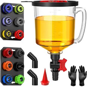 19-Piece No Spill Engine Oil Funnel Kit | 1.6QT Oil Change Kit w/ 12 Adapters, 2 Magnetic Trays, 45° Elbows, Arrow Filter & Gloves | Transparent Body w/Scale & Shut-Off Valve | Universal Fit in Saudi Arabia