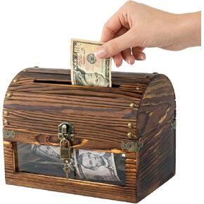 MyGift Tip Collector Jar with Clear Acrylic Front Panel and Locking Lid with Key, Donation Box for Fundraising, Suggestion Box with Slot & Lock, Vintage Chest-Style Burnt Wood in Kuwait