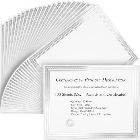 Paper Junkie 100 Pack Bulk Cardstock Certificate Paper - Thick Matte White Award Certificate Paper 8.5 x 11 for Printing - Blank Certificates with Border Silver Foil Design Professional Diploma Papers in Kuwait