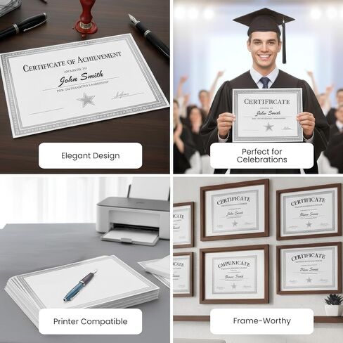Paper Junkie 100 Pack Bulk Cardstock Certificate Paper - Thick Matte White Award Certificate Paper 8.5 x 11 for Printing - Blank Certificates with Border Silver Foil Design Professional Diploma Papers in Kuwait