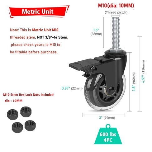 Hirate 3" Swivel Caster Replacement Wheel Industrial Castors, Metric M10 x 1.5" Threaded Stem Locking Casters for Furniture DIY Tools with Hex Nuts(2 with Brakes & 2 Without) in Kuwait