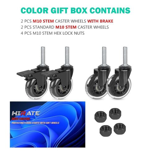 Hirate 3" Swivel Caster Replacement Wheel Industrial Castors, Metric M10 x 1.5" Threaded Stem Locking Casters for Furniture DIY Tools with Hex Nuts(2 with Brakes & 2 Without) in Kuwait