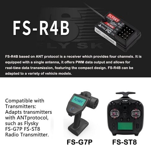 Flysky FS-R4B Receiver, 2.4GHz 4CH Receiver ANT Protocol Single Antenna PWM Output Compatible with Flysky FS-G7P FS-ST8 Radio Transmitter for RC Car and Boat in Kuwait