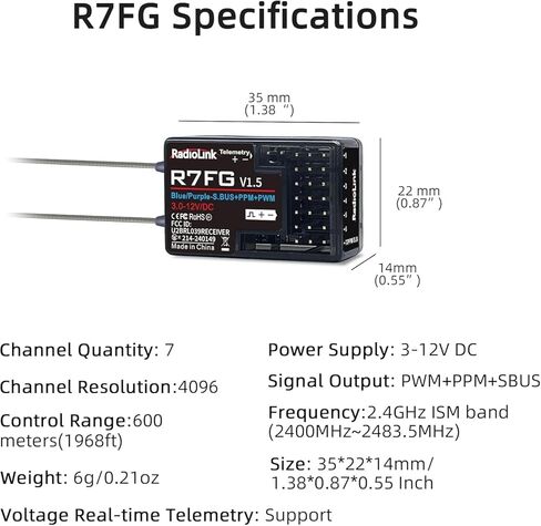 جهاز استقبال DTXMX Radiolink R7FG 7 قنوات RC، قياس الجهد عن بعد، مقاوم لرذاذ الماء لسيارة RC الزاحفة المنجرفة، القارب، يعمل مع جهاز إرسال راديو 2.4 جيجا هرتز RC6GS V3/ RC4GS V3/ RC8X in Kuwait