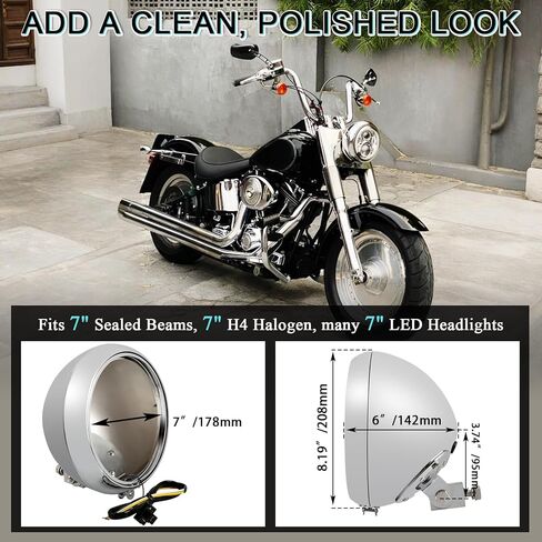 7" Headlight Shell Kit - Chrome Headlamp Light Bulb Bucket Housing w/Trim Ring, H4 Auxiliary Wiring Harness for Harley Davidson Heritage, Fat Boy, Softail 1986-2011,Replace for 67789-91 in Kuwait