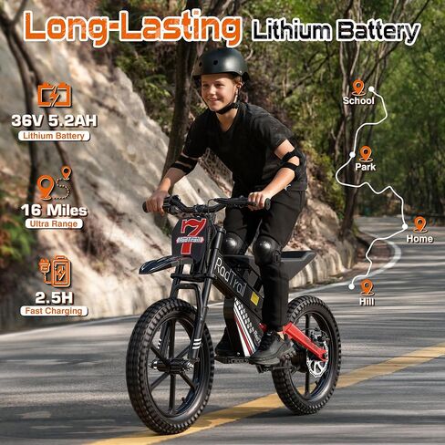 36V Peak 500W Brushless Electric Dirt Bike for Kids, Up to 16 MPH & 16 Miles Long-Range, Dual Suspension, Disc Brake, Pneumatic Tires, Electric Bike for Kids Ages 5+ (White) in Kuwait