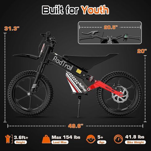 36V Peak 500W Brushless Electric Dirt Bike for Kids, Up to 16 MPH & 16 Miles Long-Range, Dual Suspension, Disc Brake, Pneumatic Tires, Electric Bike for Kids Ages 5+ (White) in Kuwait
