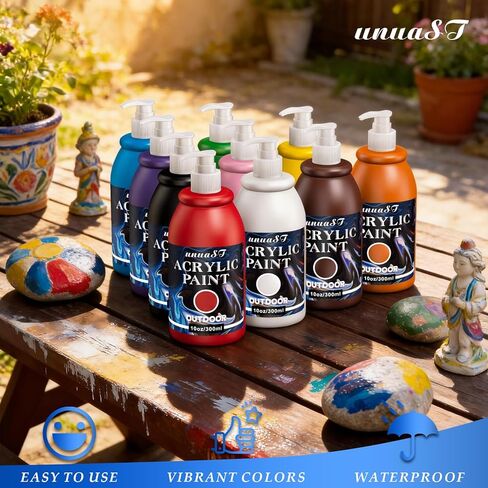 unuaST Outdoor Acrylic Paint Waterproof Set, 10 Colors Large Bulk Outdoor Paint with Pump, Rich Pigmented Paints for Artists/Beginners on Rocks, Wood, Metal, Crafts, Garden Statues (10oz/300ml) in Kuwait