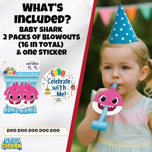 فريدة من نوعها Baby Shark - حزمة ملصقات وملصقات للحفلات لـ 16 ضيفًا | مرخص رسميًا | لوازم حفلات أعياد الميلاد | ديكورات بيبي شارك للبنين والبنات | هدايا ممتعة لحفلات الأطفال لأعياد الميلاد in Kuwait