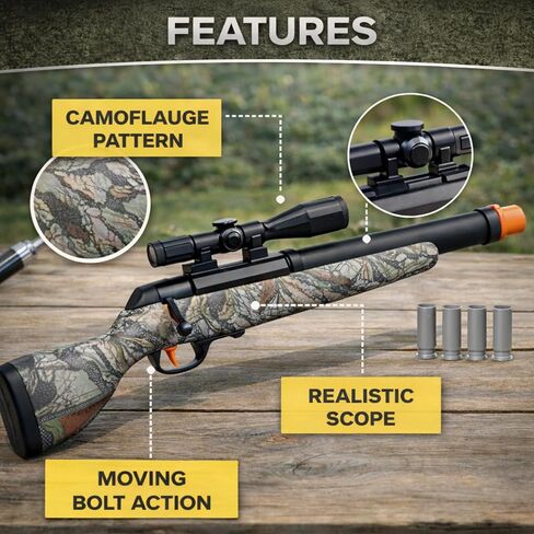 30 Inch Kids Toy Hunting Rifle with Scope in Camo, Shell Ejecting Bolt Action Toy Gun with Realistic Sounds Detachable Magazine Sniper Style Pretend Play for Kids in Kuwait