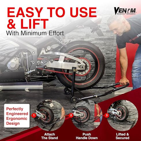 حامل رفع الدراجة النارية Venom SportBike، حامل مجداف ذو ذراع تأرجح للعجلة الخلفية، حامل رافعة رفع بادوك عالمي بسعة 850 رطل، محول L، متوافق مع معظم الدراجات النارية Yamaha Honda Kawasaki سوزوكي BMW in Kuwait