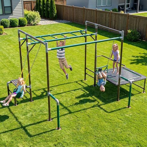 Hapfan Outdoor Jungle Gym with Trampoline & Monkey Bars – Heavy Duty Metal Swing Set for Kids, Backyard Playset Includes Belt Swing & Trapeze Bar, Ages 3-12 in Kuwait