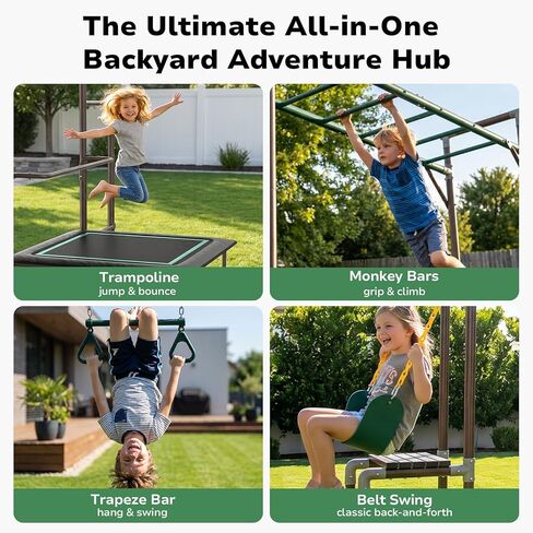 Hapfan Outdoor Jungle Gym with Trampoline & Monkey Bars – Heavy Duty Metal Swing Set for Kids, Backyard Playset Includes Belt Swing & Trapeze Bar, Ages 3-12 in Kuwait