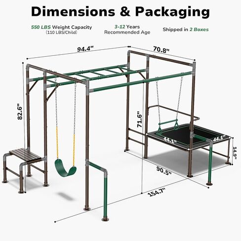 Hapfan Outdoor Jungle Gym with Trampoline & Monkey Bars – Heavy Duty Metal Swing Set for Kids, Backyard Playset Includes Belt Swing & Trapeze Bar, Ages 3-12 in Kuwait
