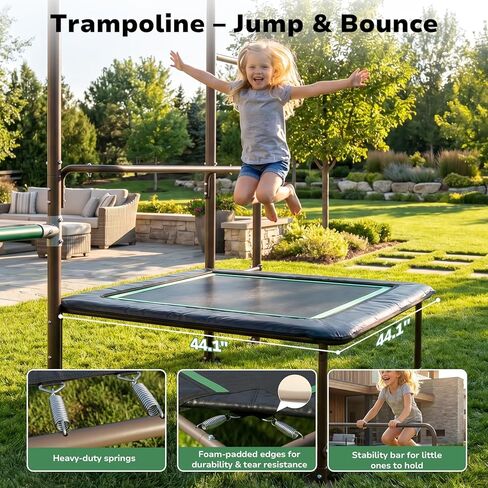 Hapfan Outdoor Jungle Gym with Trampoline & Monkey Bars – Heavy Duty Metal Swing Set for Kids, Backyard Playset Includes Belt Swing & Trapeze Bar, Ages 3-12 in Kuwait