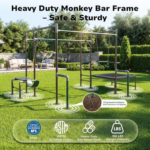 Hapfan Outdoor Jungle Gym with Trampoline & Monkey Bars – Heavy Duty Metal Swing Set for Kids, Backyard Playset Includes Belt Swing & Trapeze Bar, Ages 3-12 in Kuwait