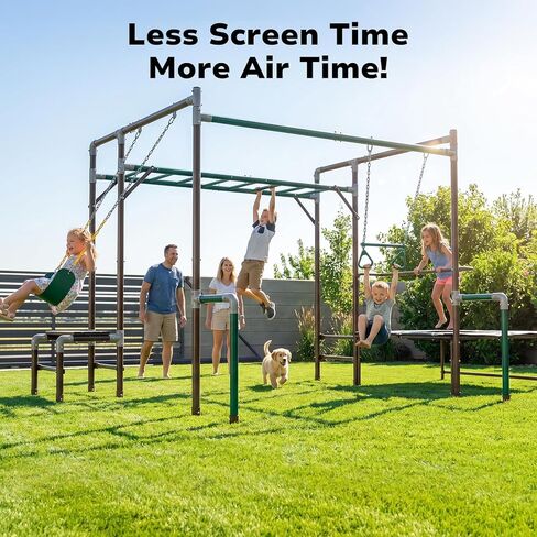 Hapfan Outdoor Jungle Gym with Trampoline & Monkey Bars – Heavy Duty Metal Swing Set for Kids, Backyard Playset Includes Belt Swing & Trapeze Bar, Ages 3-12 in Kuwait