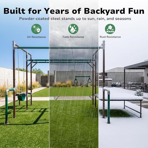 Hapfan Outdoor Jungle Gym with Trampoline & Monkey Bars – Heavy Duty Metal Swing Set for Kids, Backyard Playset Includes Belt Swing & Trapeze Bar, Ages 3-12 in Kuwait