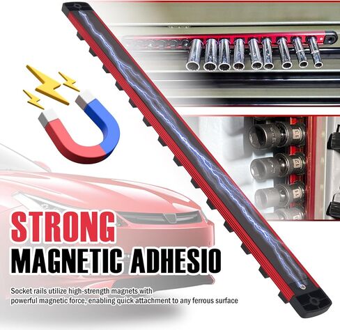 3/8 Inch Magnetic Socket Organizer,Heavy Duty Aluminum Alloy Magnetic Socket Rail with 14 360° Swivel Clips,Essential Car Sockets Holder for Mechanics & DIY Enthusiasts in Kuwait