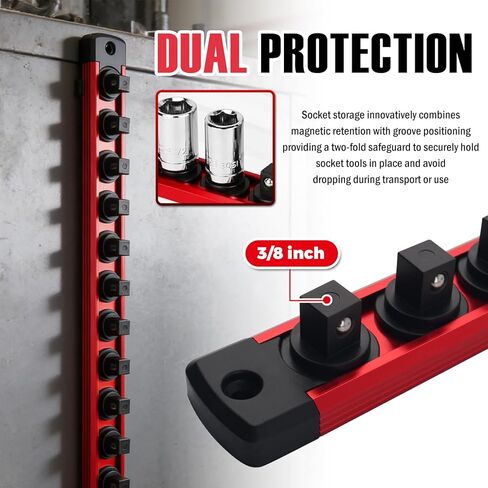 3/8 Inch Magnetic Socket Organizer,Heavy Duty Aluminum Alloy Magnetic Socket Rail with 14 360° Swivel Clips,Essential Car Sockets Holder for Mechanics & DIY Enthusiasts in Kuwait