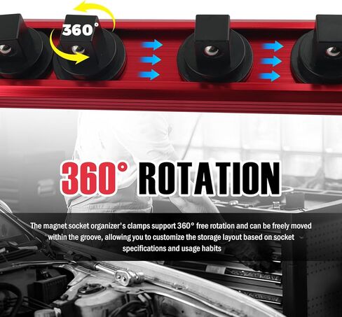 3/8 Inch Magnetic Socket Organizer,Heavy Duty Aluminum Alloy Magnetic Socket Rail with 14 360° Swivel Clips,Essential Car Sockets Holder for Mechanics & DIY Enthusiasts in Kuwait