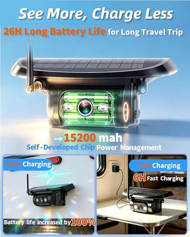 HD 1080P Dual Wireless Backup Camera: 1-Second Magnetic Easy Install RV Backup Camera with 7-inch Split-Screen DVR Monitor - 15200mAh Solar Battery, Up to 26H Runtime for RV Camping & Traveil Trailers in Kuwait