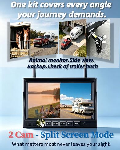 HD 1080P Dual Wireless Backup Camera: 1-Second Magnetic Easy Install RV Backup Camera with 7-inch Split-Screen DVR Monitor - 15200mAh Solar Battery, Up to 26H Runtime for RV Camping & Traveil Trailers in Kuwait