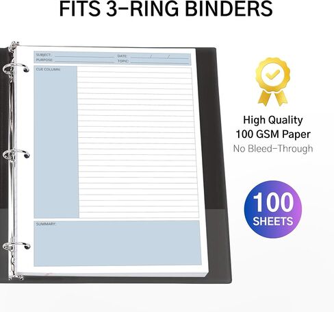 Cornell Notes Filler Paper, 8.5 x 11 Inch, 100 Sheets, 4 Assorted Pastel Colors, 3-Hole Punched, 100 GSM, Loose Leaf Note-Taking Paper for School, College & Office in Kuwait